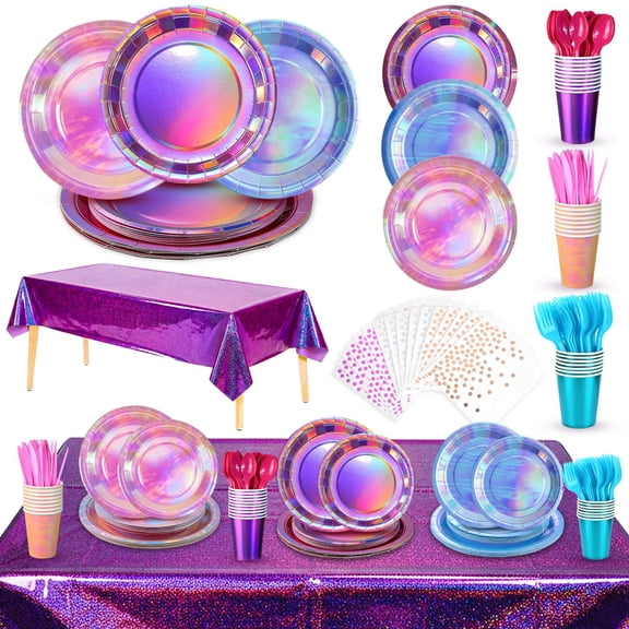 Iridescent Plates and Napkins Party Supplies Set for 25 Guests,Purple Disposable Tablecloth,Disco Style Plates for Birthday & Trendy Celebrations A101