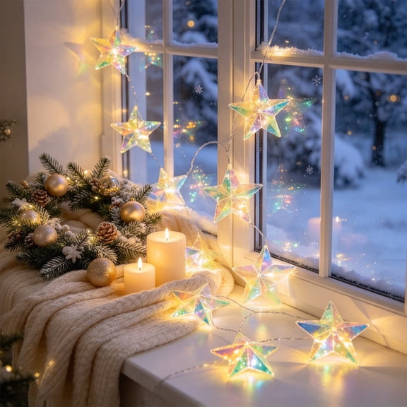 Iridescent Prism Geometric LED String Lights, Star & Cube Holiday Decorative Lights