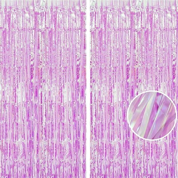 Iridescent Purple Foil Curtain | Holographic Fringe Backdrop | 2 Pack 3.2x6.5ft Party Streamers for Girls/Birthday/Bachelorette/Engagement/Mermaid/Bridal Shower/Halloween Decorations