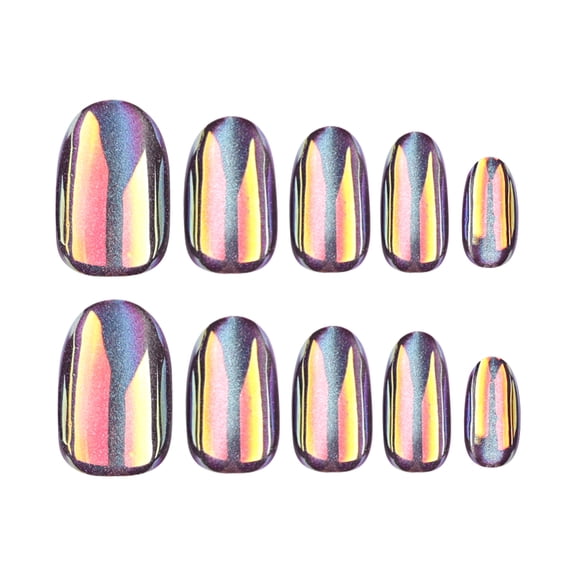 Iridescent Rainbow Stripe Color Shifting Dark Base Press on Nails, Medium Squoval Glossy Iridescent False Nails, 24 Count