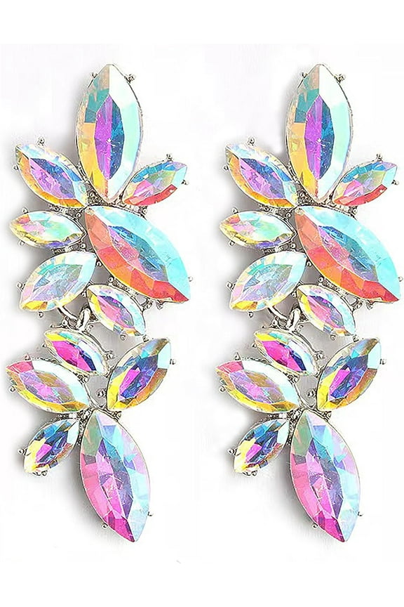 Iridescent Rhinestone Earrings for Prom, Sparkling Bridal Cluster Drop Dangle Stud Earrings, AB Crystal Pageant