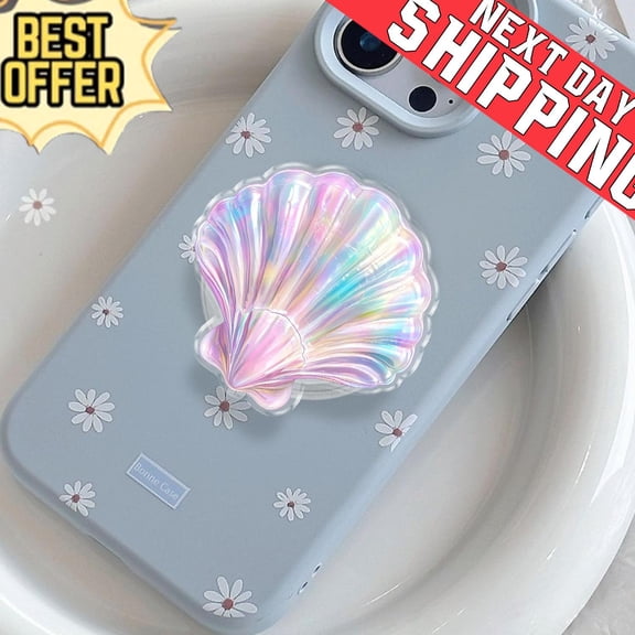 Iridescent Seashell Phone Grip, Aesthetic Mermaidcore MagSafe Phone Holder, Cute Pearl Shell Beach Gift, Holographic Ocean Mobile Stand