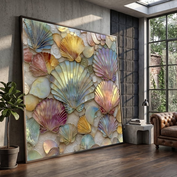 Iridescent Seashells Wall Art Coastal Shell Collection Beach Theme Decoration Nature Art Ocean Life Artwork, Unframed Paper Print