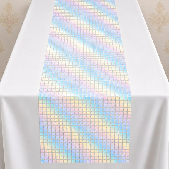 Iridescent Sequin Table Runner, Rainbow Mosaic Square Glitter Table Runner, Shiny Holographic Tablecloth Overlay for Wedding, Birthday, Party, Banquet Table Decor