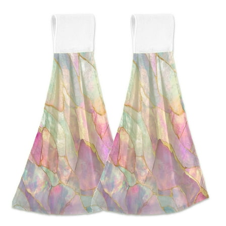 Iridescent Shell Mosaic Pattern Hanging Kitchen Hand Towels Sets with Loop Hand Towels Kitchen Tie Towel 2pcs