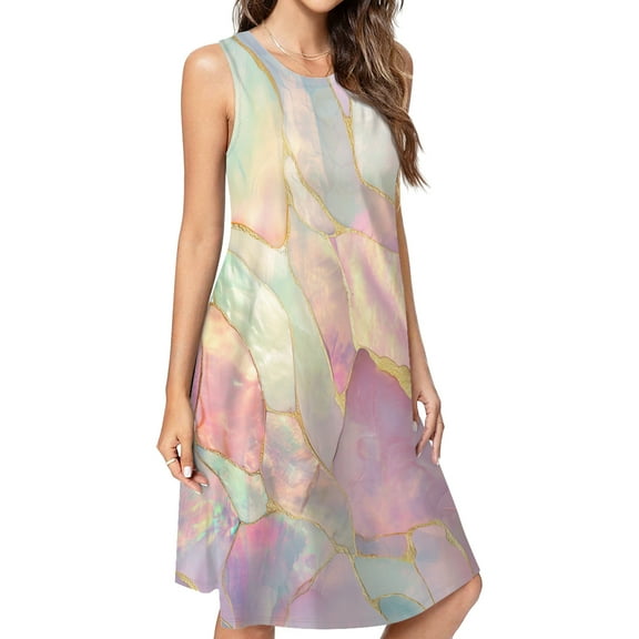 Iridescent Shell Mosaic Pattern Spring Summer Dresses For Women Fashion Dress Casual Sleeveless Loose Sundress With Pockets