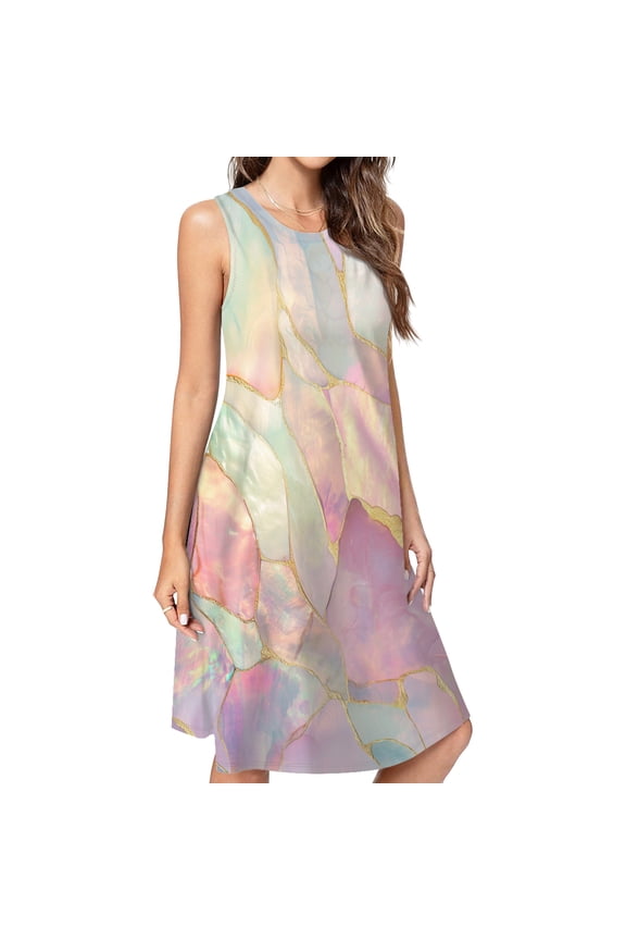 Iridescent Shell Mosaic Pattern Spring Summer Dresses For Women Fashion Dress Casual Sleeveless Loose Sundress With Pockets