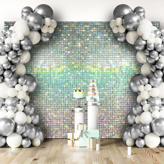 Iridescent Silver Shimmer Wall Backdrop, 49 Panels Square Sequin Shimmer Backdrop, Photo Backdrops for Birthday, Anniversary, Wedding, Graduation & Bachelorette Party Decoration