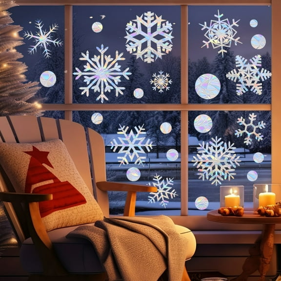 Iridescent Snowflake Window Clings, Winter Iridescent Window Sticker Wonderland Decorations Laser Rainbow Anti Collision Decals to Save Birds Non Adhesive Prismatic Window Clings