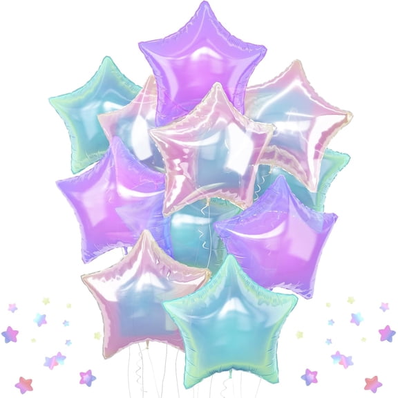 Iridescent Star Balloons, Transparent Crystal Star Foil Balloon, Gradient Iridescent Pink Purple Green Pentagram Balloon for Birthday Wedding Easter Party Decoration Mermaid Theme