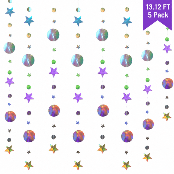 Iridescent Star Circle Dot Garland, 5 pack Holographic Hanging Streamer Paper Banner for Christmas Birthday Party Decor