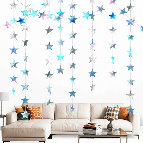 Iridescent Star Garland 3 Pack 39ft, Mixed Size Holographic Streamer, Cuttable Backdrop for Wedding Birthday Party Decor.