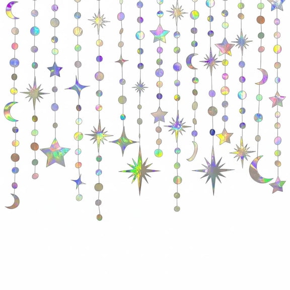 Iridescent Star Moon Circle Dot Garland Party Decoration Kit Hanging Crescent and Twinkle Little Star Streamer Bunting Banner for Kids First Birthday Ramadan EID Mubarak Baby Shower Wedding Decor
