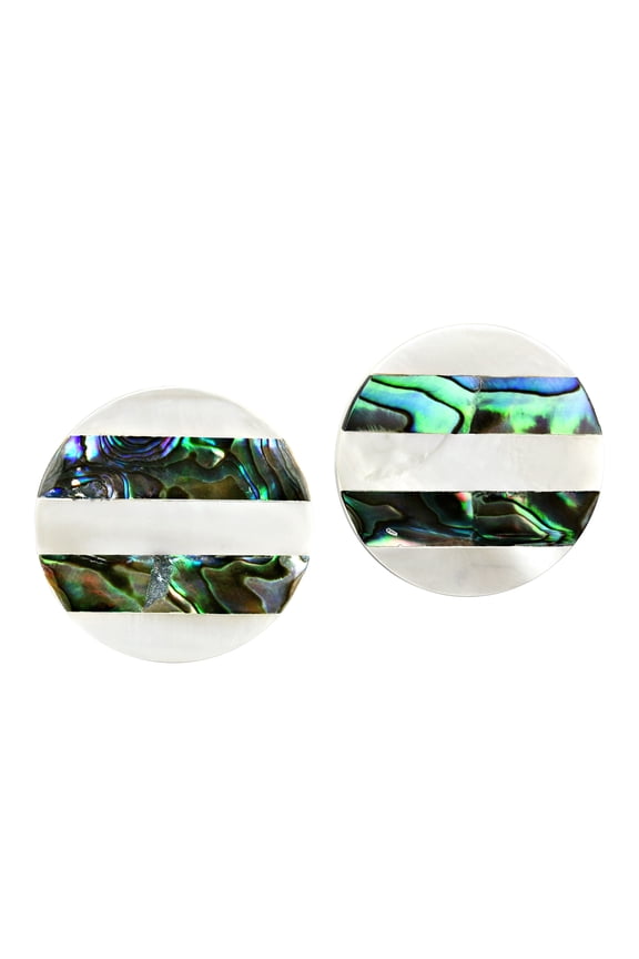 Iridescent Stripes White Kabibe and Abalone Shell Round Stud Earrings
