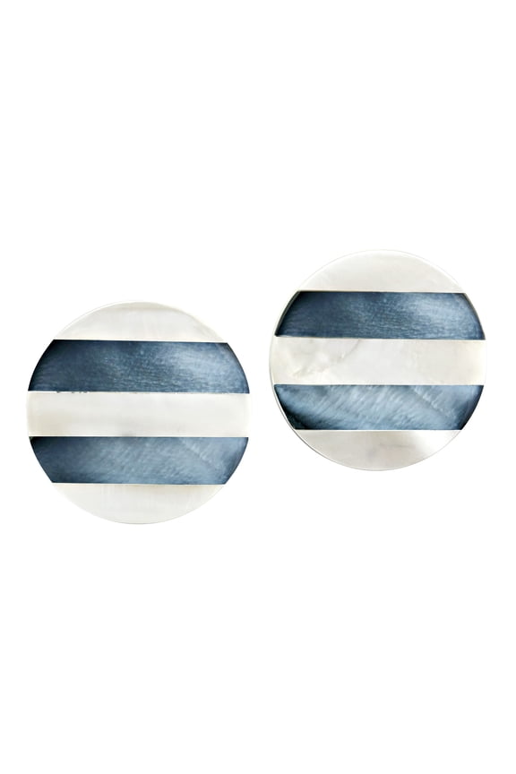 Iridescent Stripes White Kabibe and Blue Hammer Shell Round Stud Earrings