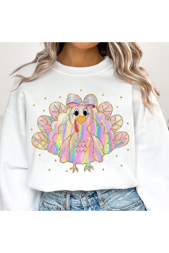 Iridescent Thanksgiving Turkey Sweater, Thankful Mama Glitter Coquette Fall Sweatshirt