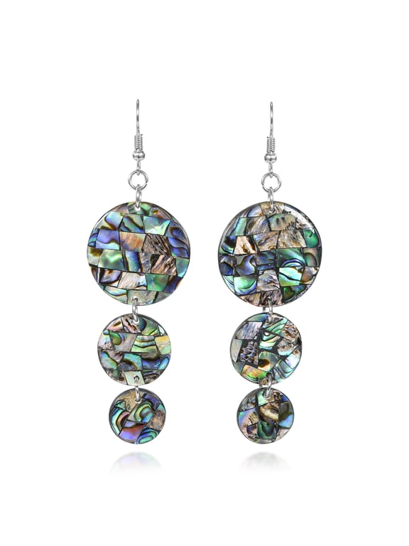 Iridescent Trio Stacked Descending Circles Abalone Shell Dangle Earrings