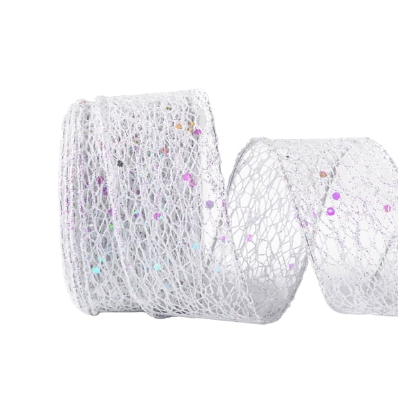 LoomJoyz Iridescent White Mesh Glitter Wired Ribbon, Sparkling, 1.5 Inch x 10 Yards for Christmas Tree for Gift Wrapping Bow Wreath Crafts Wedding Party Decoration