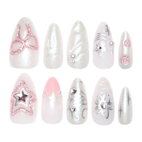 Iridescent White Pink Accent Star Bow Floral Press on Nails, Medium Pointed Almond Glossy Glitter Finish with Rhinestone Pearl Accents, 24 Count