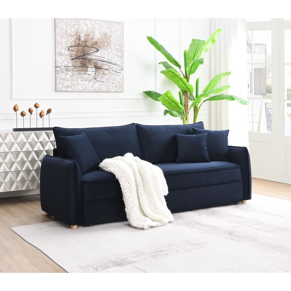 Irina Blue Velvet Sleeper Sectional Sofa w/ 3 Toss Pillows