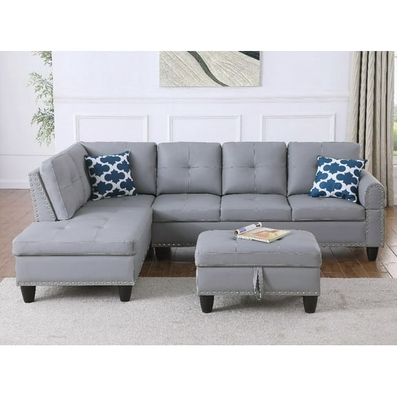 Irine Faux Leather Sectional Sofa - 2 Toss Pillows & Ottoman with Storage