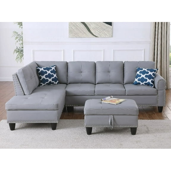Irine Faux Leather Sectional Sofa with Storage Ottoman | Nail Head Trims & Cup Holder