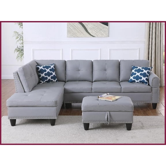 Irine Glam Faux Leather Sectional Sofa with Ottoman  Built-In Cup Holder, Nailhead Trim & Storage for Living Room