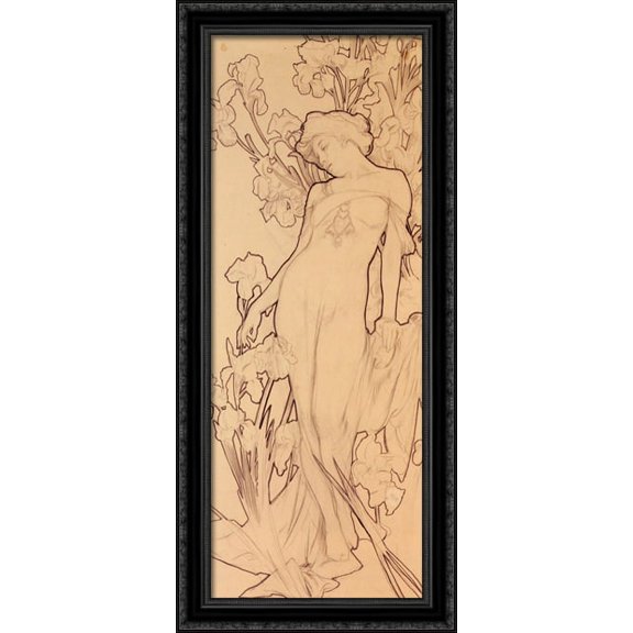 Iris 18x40 Large Black Ornate Wood Framed Canvas Art by Alphonse Mucha