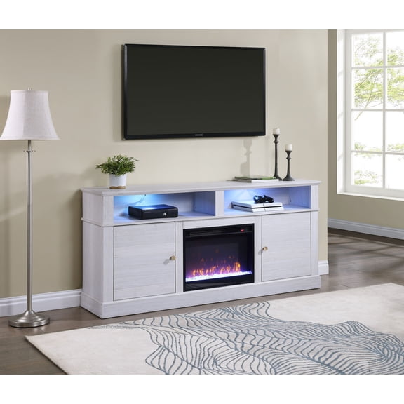 Iris 70"W White Walnut Finish TV Stand Console with Fireplace and Heater