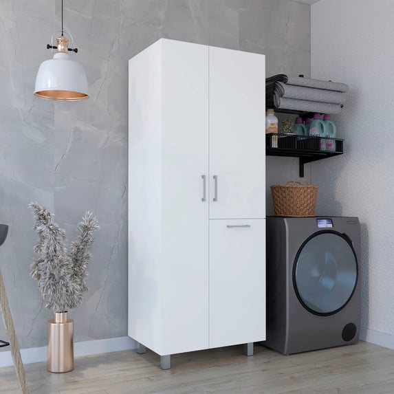 Iris 71" High Two-Door Broom Bathroom and Laundry Storage Cabinet with Hamper, Four Sh