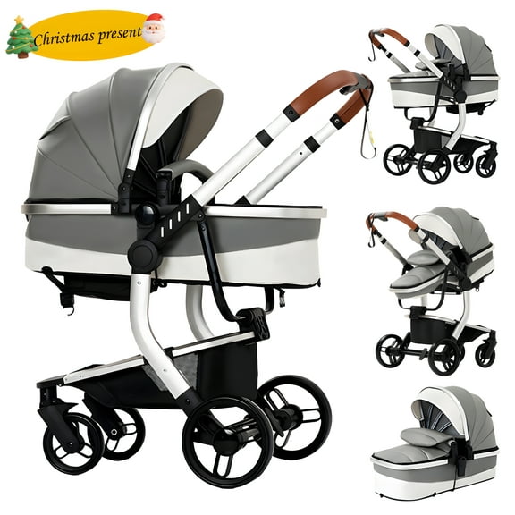 Iris Baby 2-in-1 Baby Stroller,Toddler Stroller, Infant Pram with PU Leather,Footcover& Rain Cover for 0-36 Months,Unisex,Grey