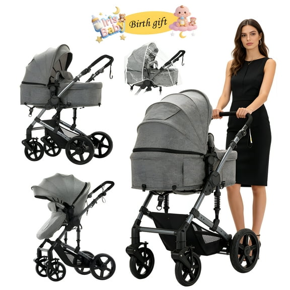 Iris Baby 2-in-1 Convertible Baby Stroller, Adjustable Newborn Stroller,Travel Pushchair with Cup Holder, Rain Cover for 0-3 Years,Unisex,GREY