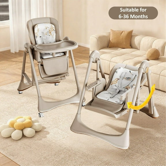 Iris Baby 4 in 1 Foldable Baby High Chair Baby Swings Combo,Convertible Infant Dining Chair with Universal Wheels,PU Leather,Baby Feeding Chair for Toddlers and Babies,Khaki