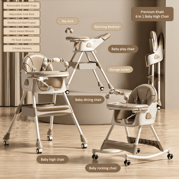 Iris Baby 6-in-1 Baby High Chair,Baby Dining Chair,Toddler Rocking Chair with Silent Swivel Wheels & PU Cushion& Adjustable Height,Infants&Newborns,Unisex, Khaki