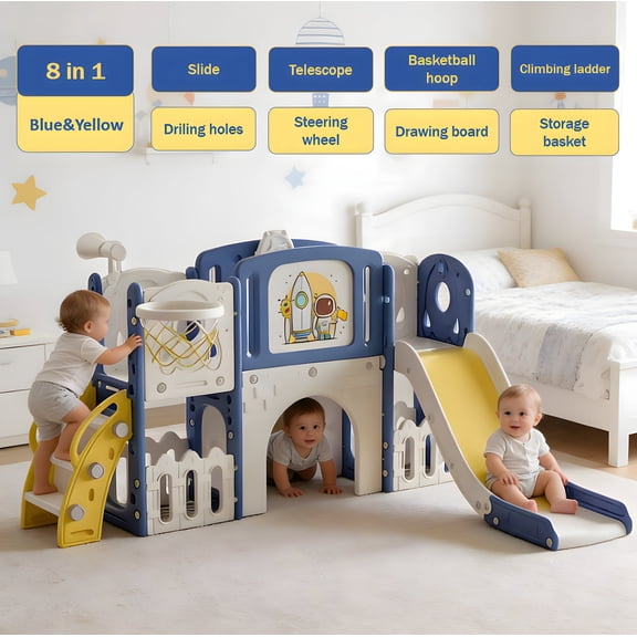 Toddler Indoor Slide with Climbing Ladder, Telescope, Steering Wheel and Large Toy Basket,for Ages 1-3,Unisex,BLUE&YELLOW
