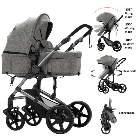 Iris Baby Convertible Baby Stroller,High-View Reversible Stroller,Compact Infant Carriage with Mosquito Net, Cup Holder, Rain Cover, for 0-3 Years, Unisex,GREY