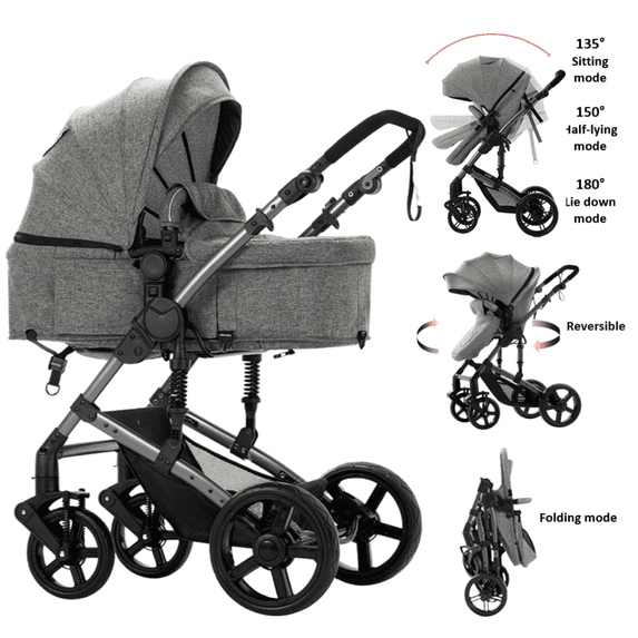 Iris Baby Convertible Baby Stroller,High-View Reversible Stroller,Compact Infant Carriage with Mosquito Net, Cup Holder, Rain Cover, for 0-3 Years, Unisex,GREY