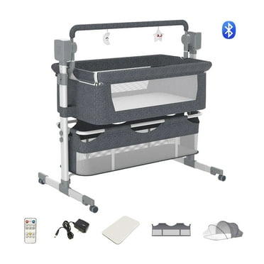 Iris Baby Infant Bassinet Bedside Sleeper,4-in-1 Foldable Baby Crib with Remote Control,Bluetooth Music,Grey