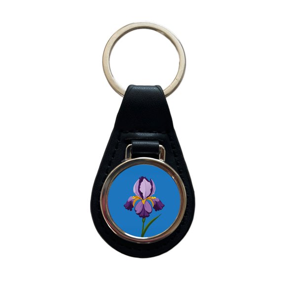 Iris Bearded Purple Flower Metal Black Leather Keychain
