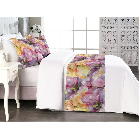 Iris Bed Runner Set, Blooming Flowers Watercolor Painting Themed Pattern Botanical Concept, Decorative Bedding Scarf & 2 Pillow Shams for Hotels Homes, King, Pale Purple and Apricot, by Ambesonne