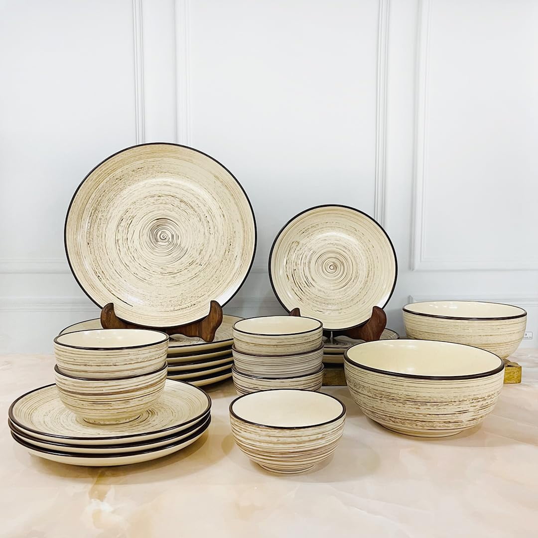 Iris Beige Hand Painted Ceramic Dinner Set Of 20 Pieces With Serving ...