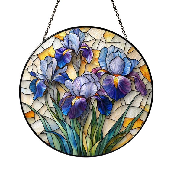 Iris Bloom Stained Glass Window Hanging, Purple Floral Suncatcher Decor, Garden Art Ornament, Decorative Glass Panel for Home, Thoughtful Gift for Mom or Wife