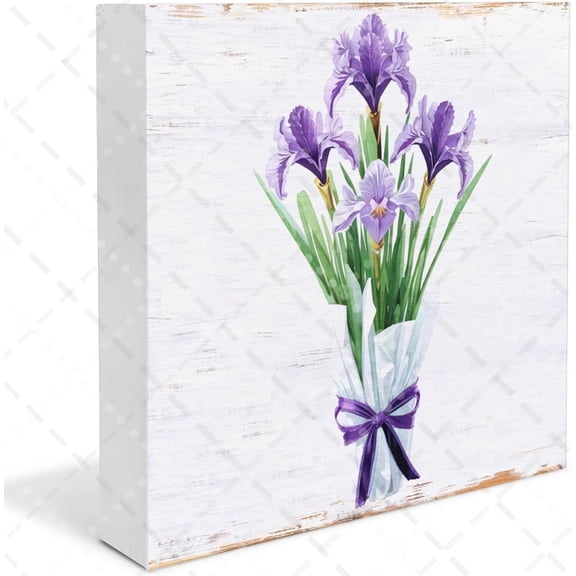 Iris Bouquet Shabby Chic Farmhouse Wood Box Sign Home Decor Rustic Spring Flowers Bloom Wooden Block Plaque 5x5 In