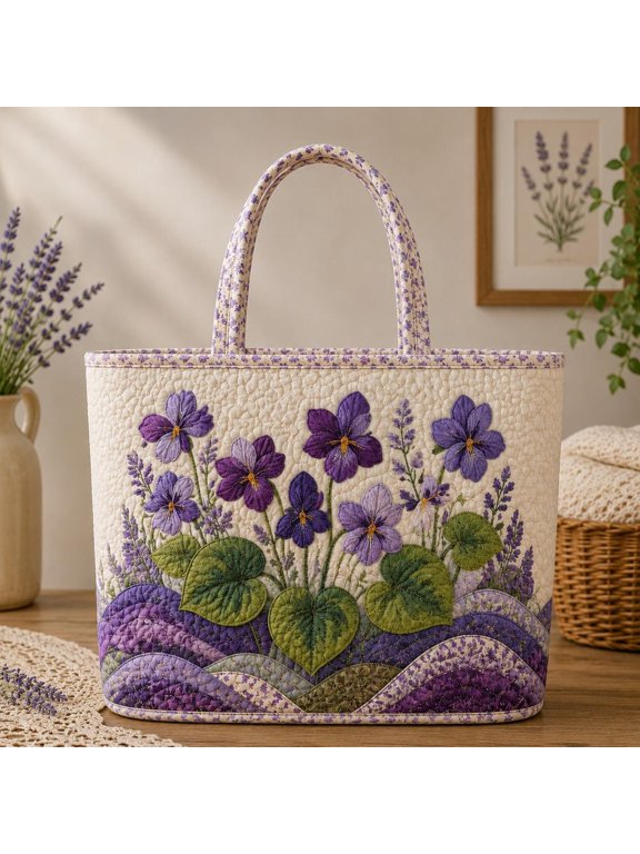 Iris Charm Quilted Tote Bag, Purple Floral Tote, Botanical Flower Bag, Cottagecore Garden Purse SRD-BXM29