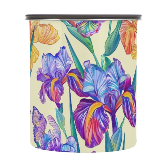 Iris Flower Butterfly Airtight Coffee Bean Canister 30oz Food Storage Containers with Lids For Gournd, Tea, Sugar, Flour, Rice, Cereal, Candy Cookie Jar