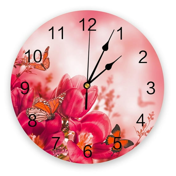 Iris Flower Butterfly Decorative Round Wall Clock Arabic Numerals Design Non Ticking Wall Clock Large For Bedrooms Bathroom(14 Inch)