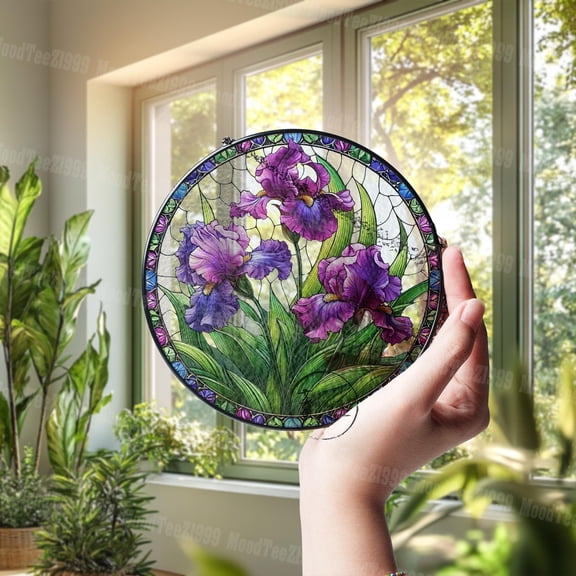 Iris Flower Crystal Suncatcher - Rainbow Maker Prism, Purple Floral Botanical Art, Window Hanging Decor, Gifts for Women Mom