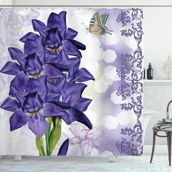 Iris Flower Decor Pastoral Spring Season with Art Prints Fabric Shower Curtain