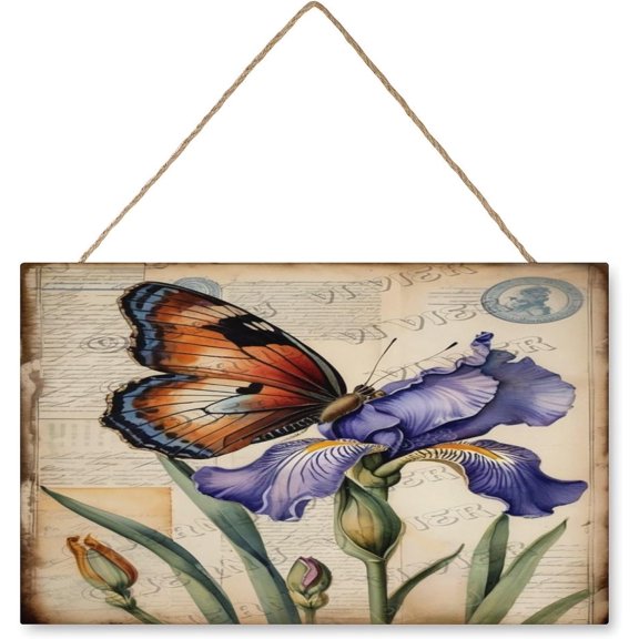 Iris Flower Decorative Wood Hanging Wood Plaque, Rustic Door Sign, Wall Decor Art, 10x16 inches