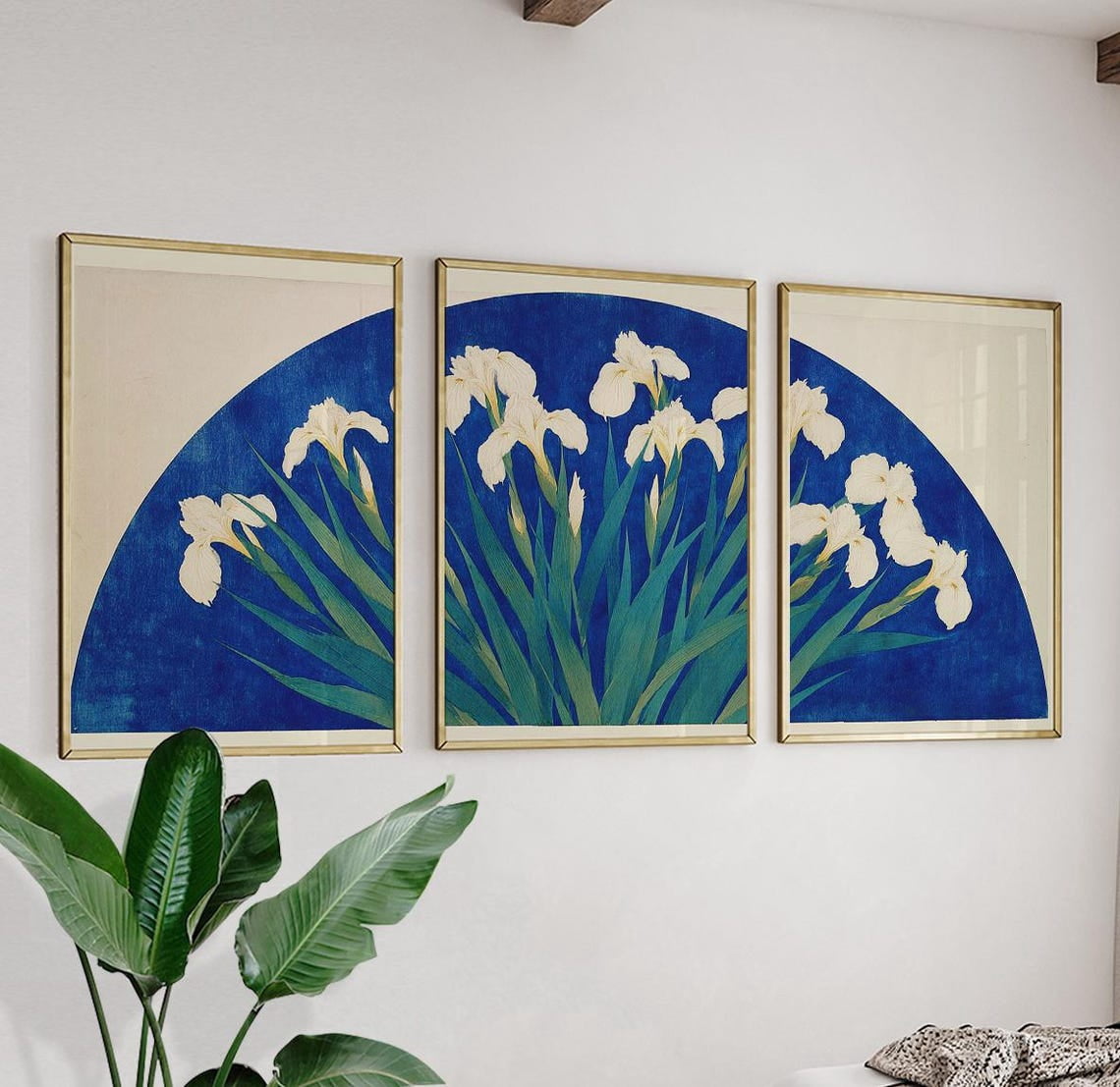 Iris Flower Fan Japanese Botanical Blue Art Prints Wall Decor Set 3 ...